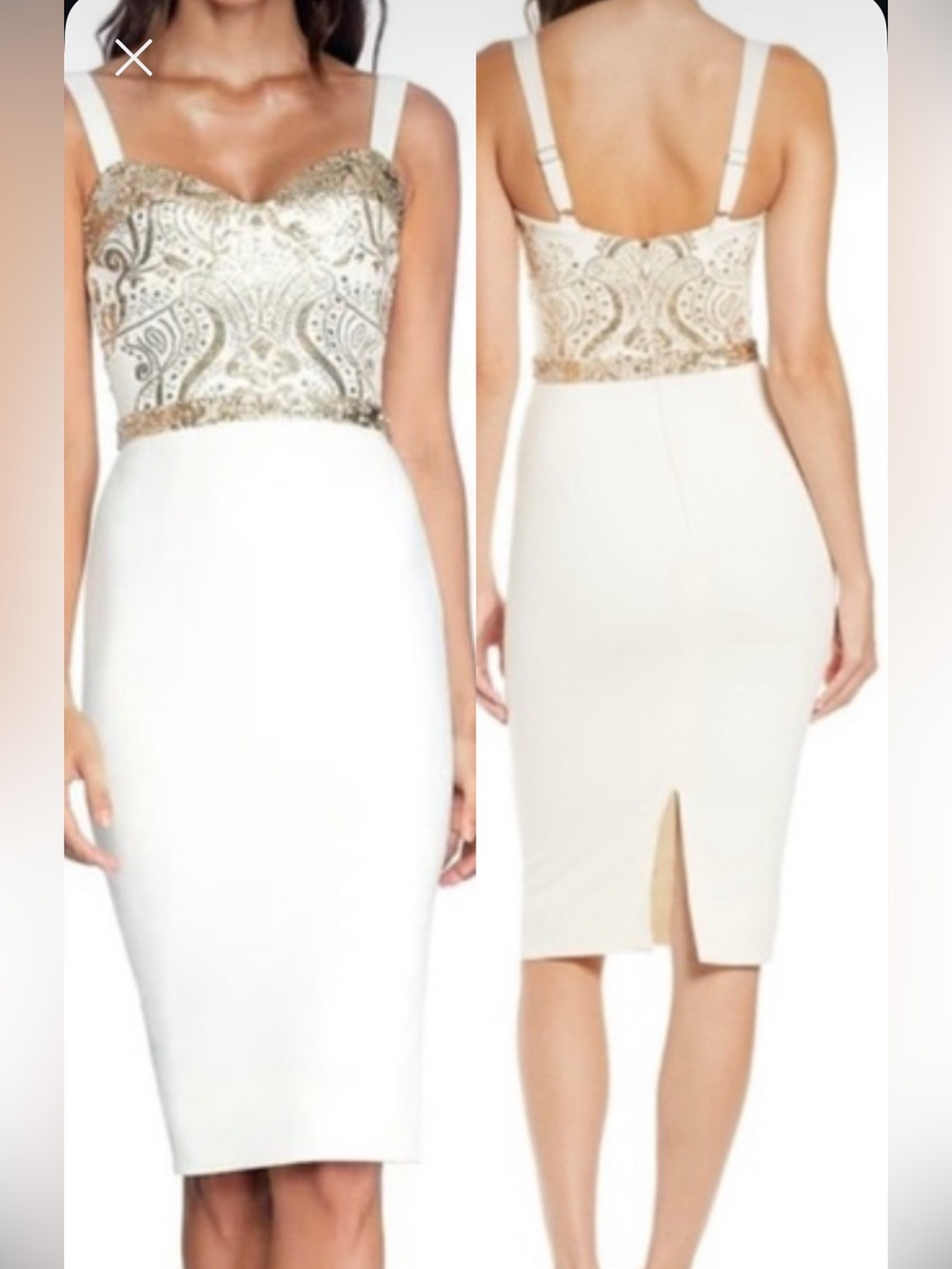 🆕 Dress the Population Neiman Marcus White & Gold Dress NWT Size Large